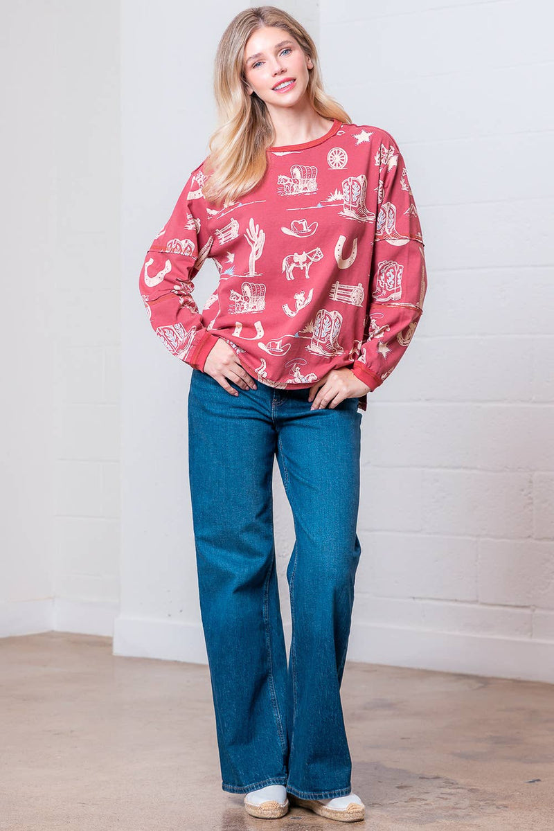 WESTERN PRINTED ROUND NECK LONG SLEEVE TOP