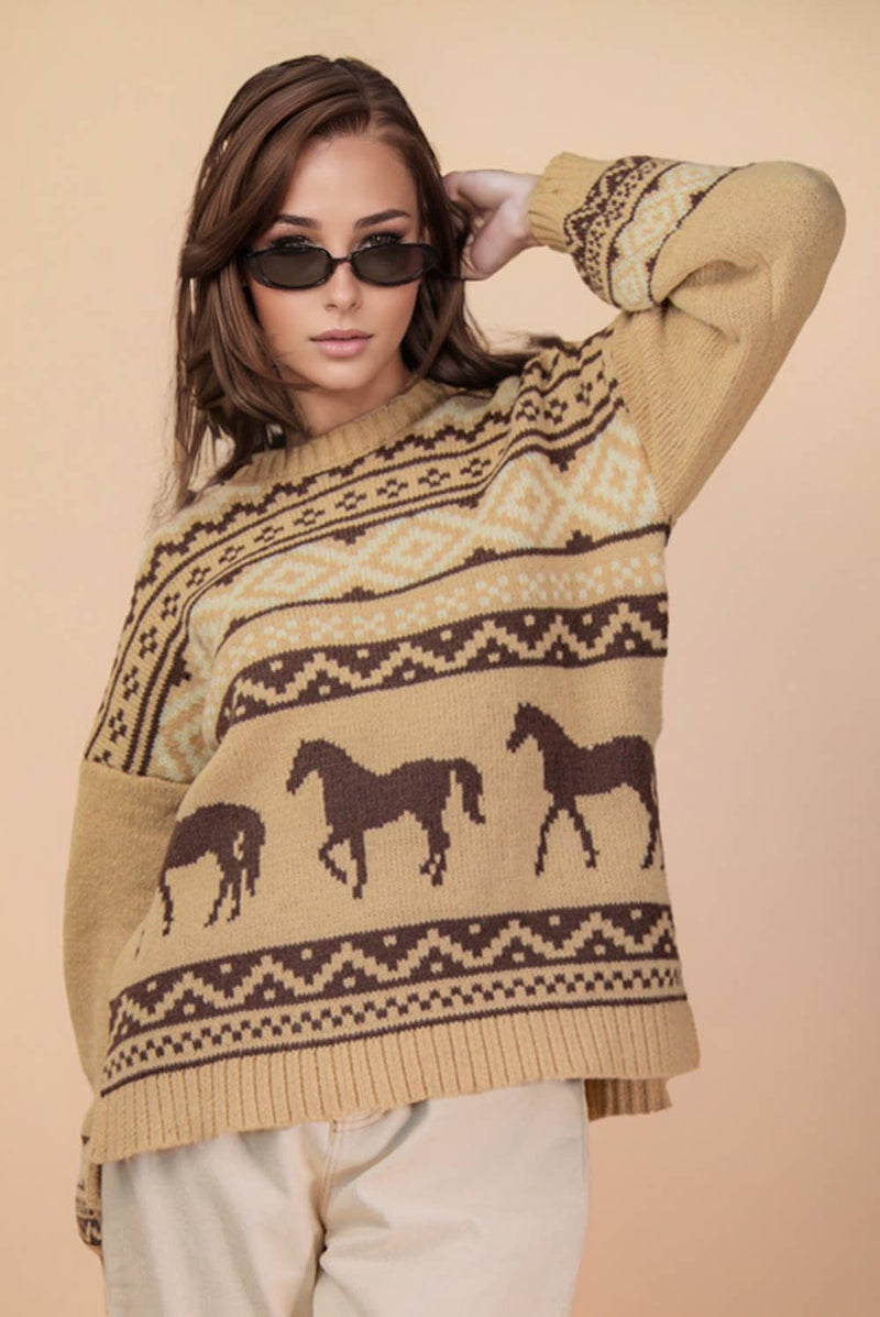 Western Graphic Oversized Knit Sweater Top