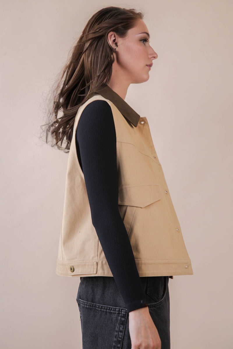 Washed Cotton Button Down Casual Vest: TAUPE