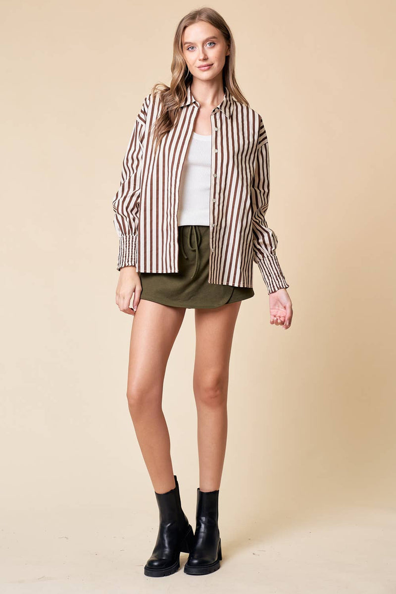 STRIPE MIXED OVER-SIZED BUTTON DOWN TOP