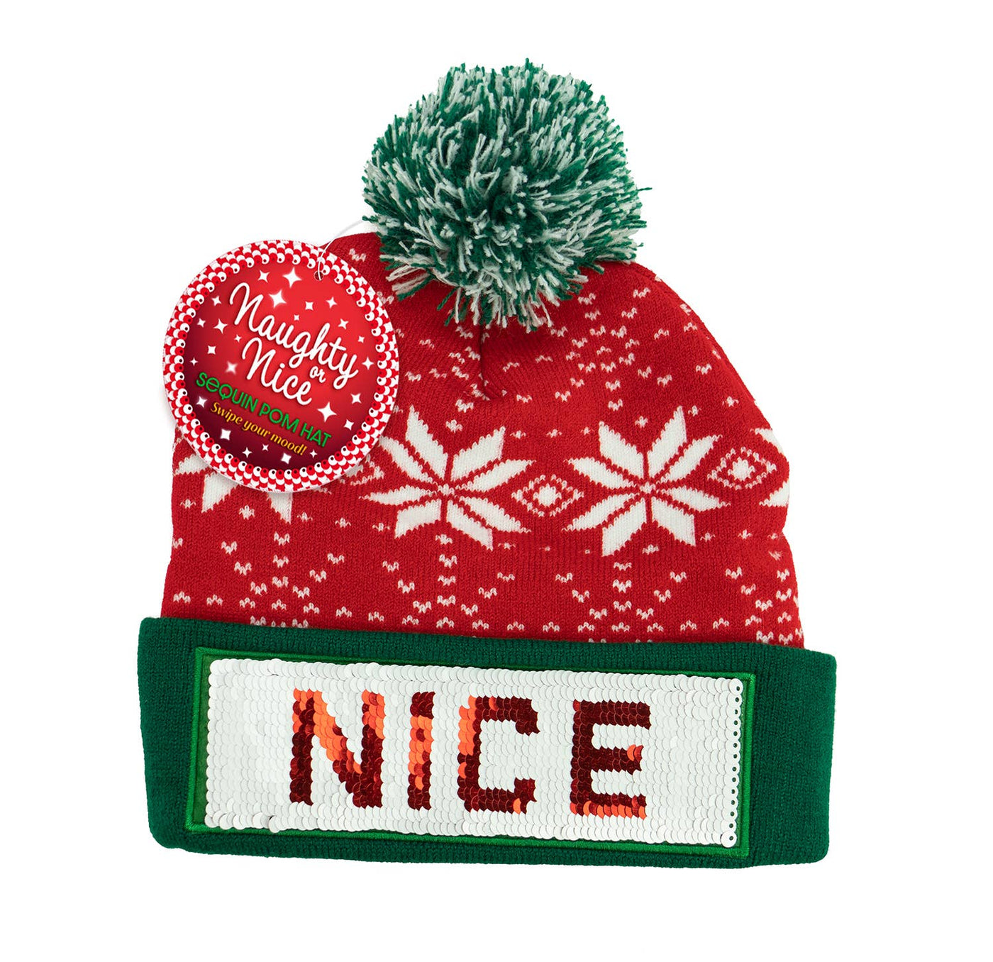 BUNDLE Christmas Hat Beanie Reversible Naughty Nice Sequins & 1 Pair Socks Gift Naughty Or Nice Sequin Pom Hat - Adult from Britt main image 3