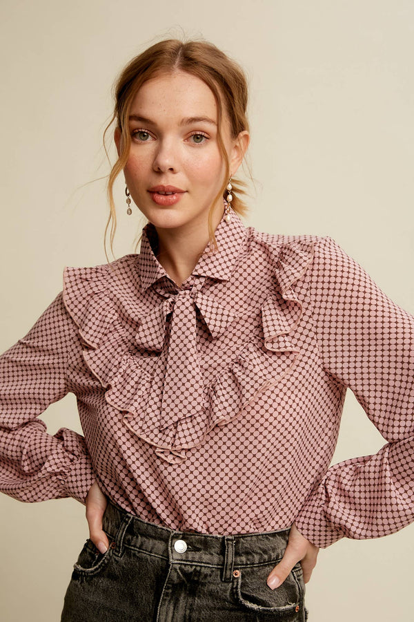 Ruffle Tie-Neck Printed Blouse