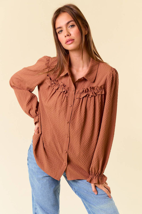 Textured Woven Long Sleeve Button Down Blouse