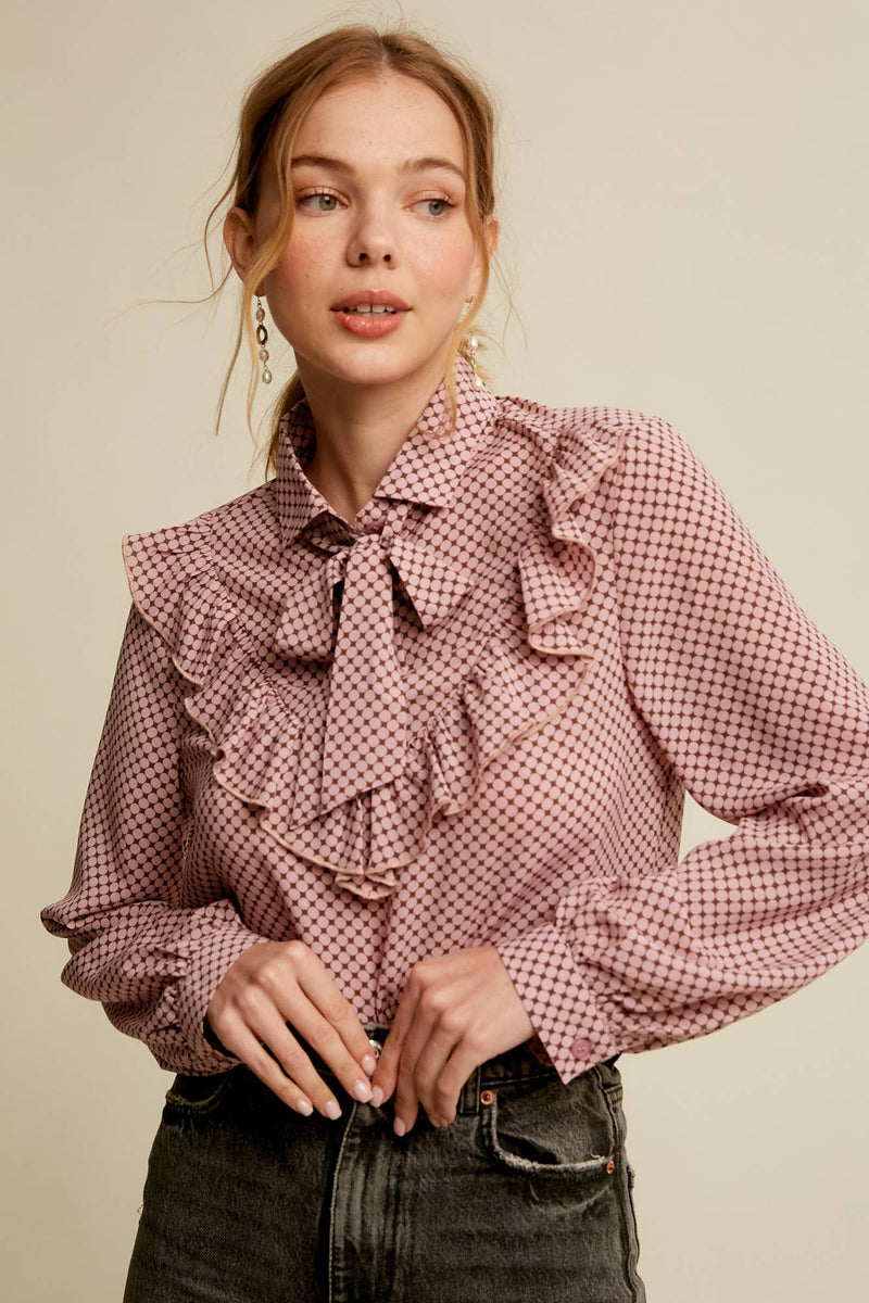 Ruffle Tie-Neck Printed Blouse