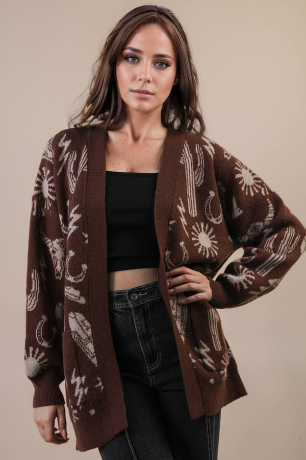 Oversized Western Graphic Knit Sweater Cardigan: CHOCOLATE
