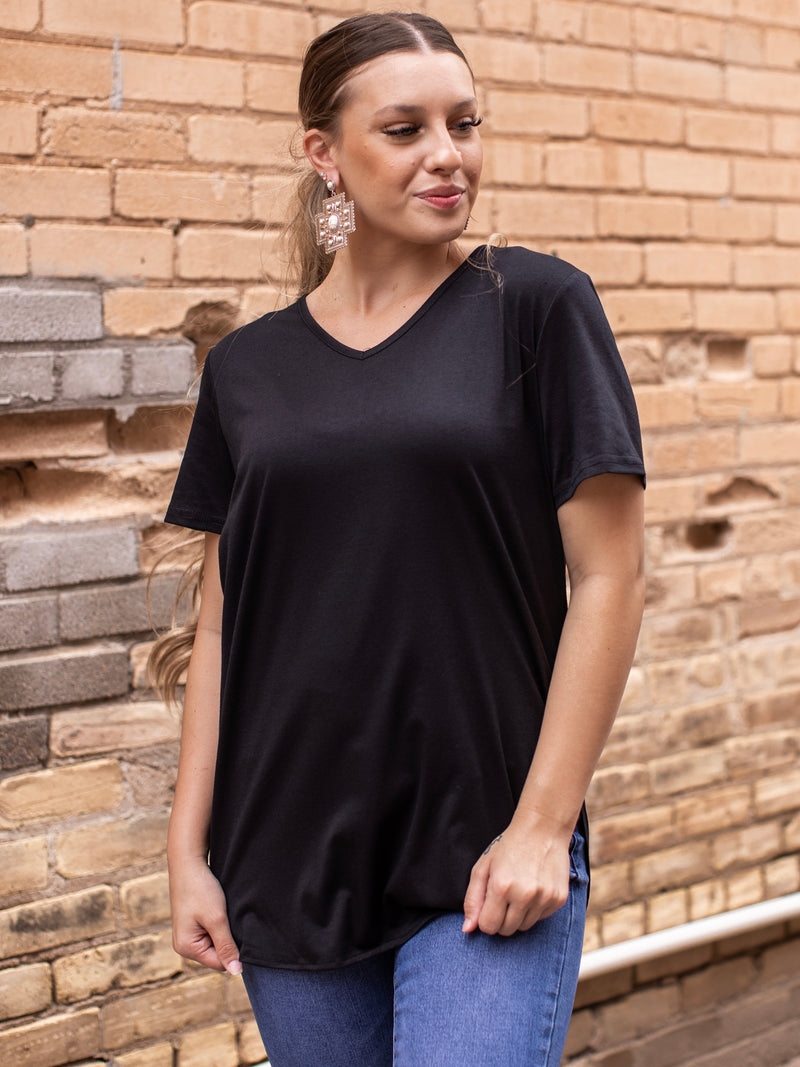 Basic Black V- Neck Top with Side Slits