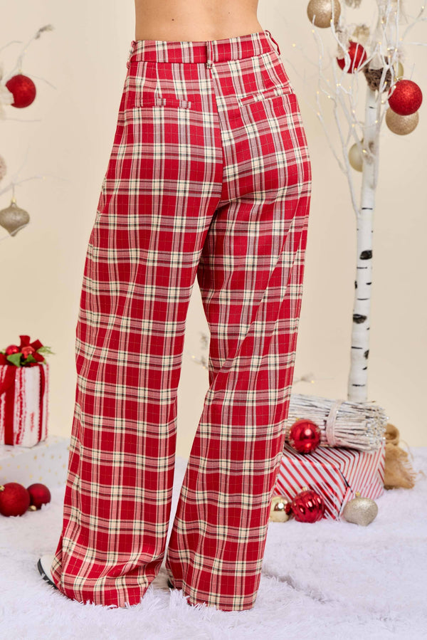 Red Plaid Wide Leg Pants