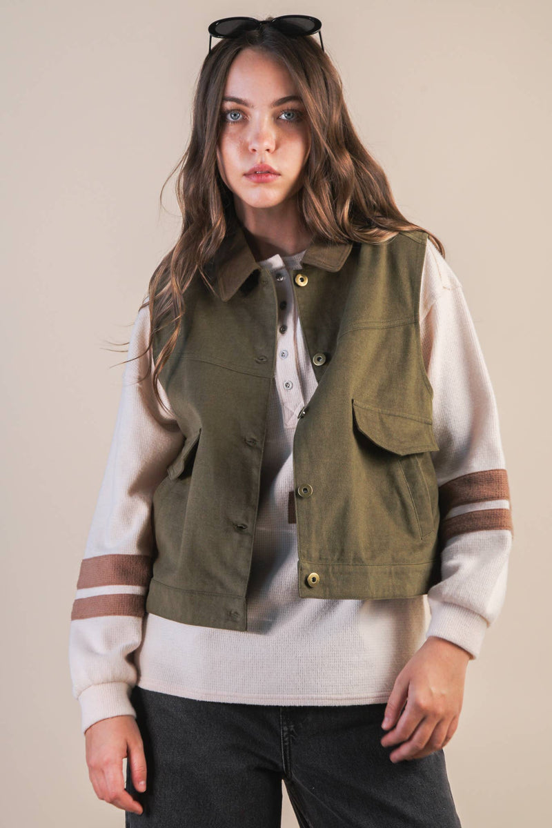 Washed Cotton Button Down Casual Vest: OLIVE