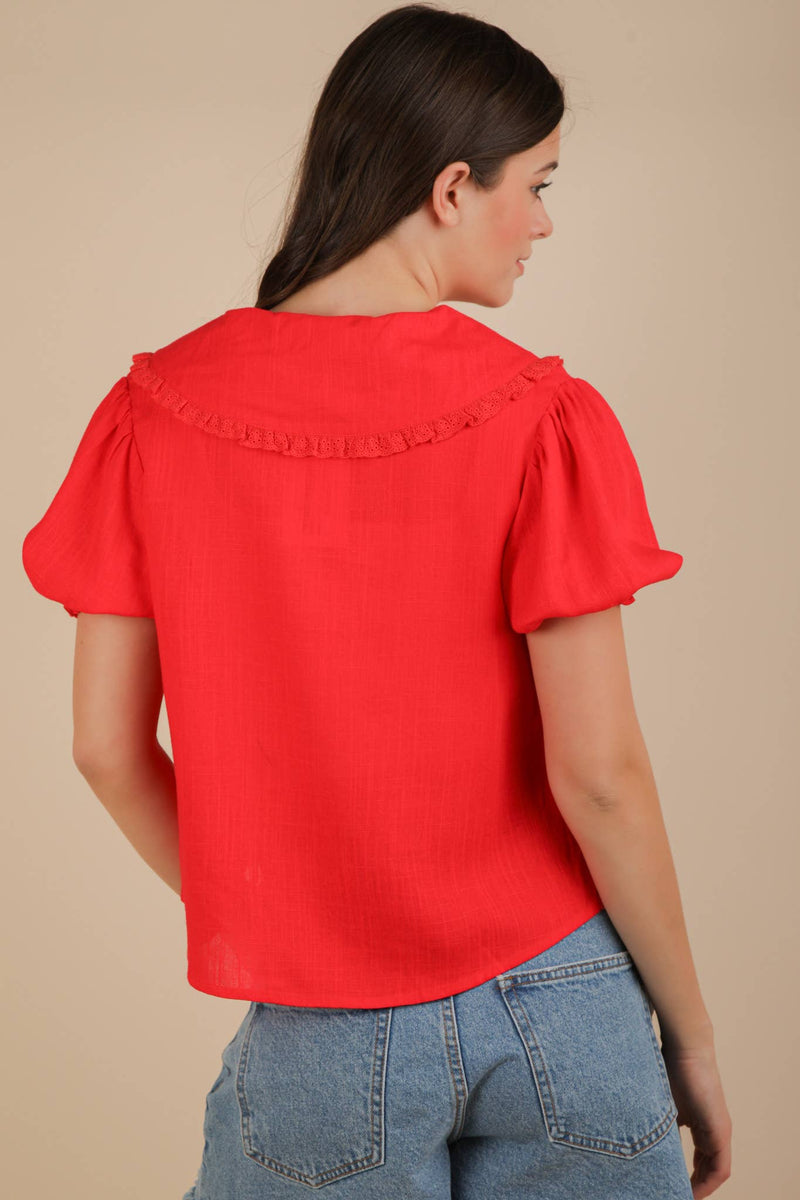Eyelet Trim Detail Puff Sleeve Blouse: Red