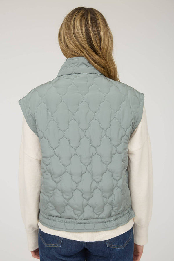 TIE DETAIL SNAP BUTTON DOWN QUILTED PUFFER VEST: DUSTY SAGE
