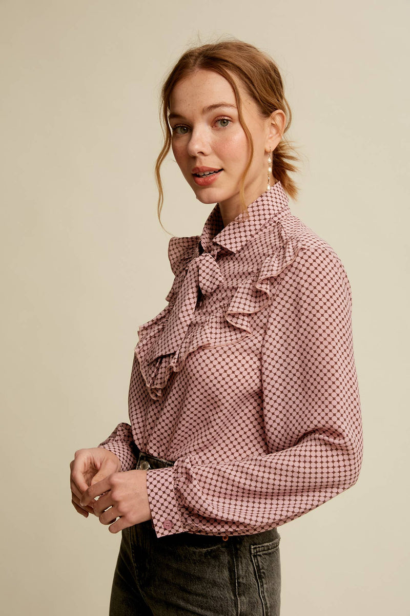 Ruffle Tie-Neck Printed Blouse