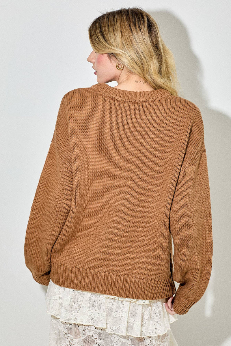 3D HORSE EMBO PULLOVER SWEATER: CAMEL