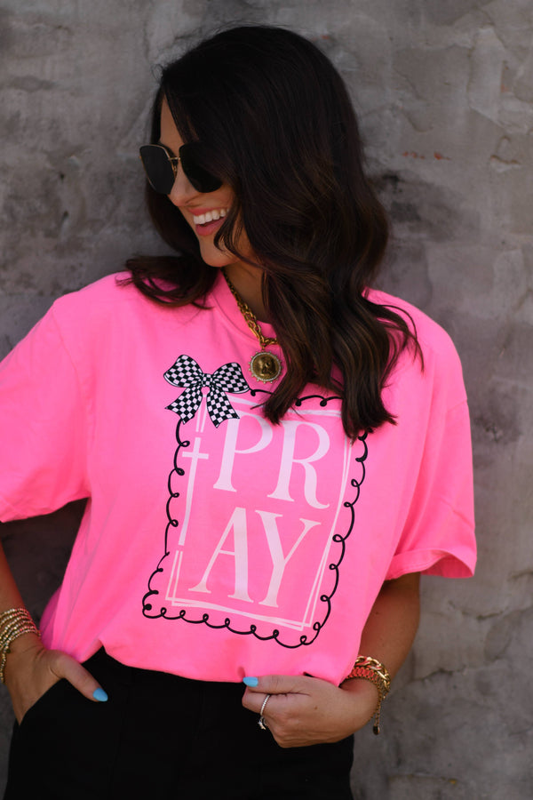 Pray Bow Tee: Neon Pink