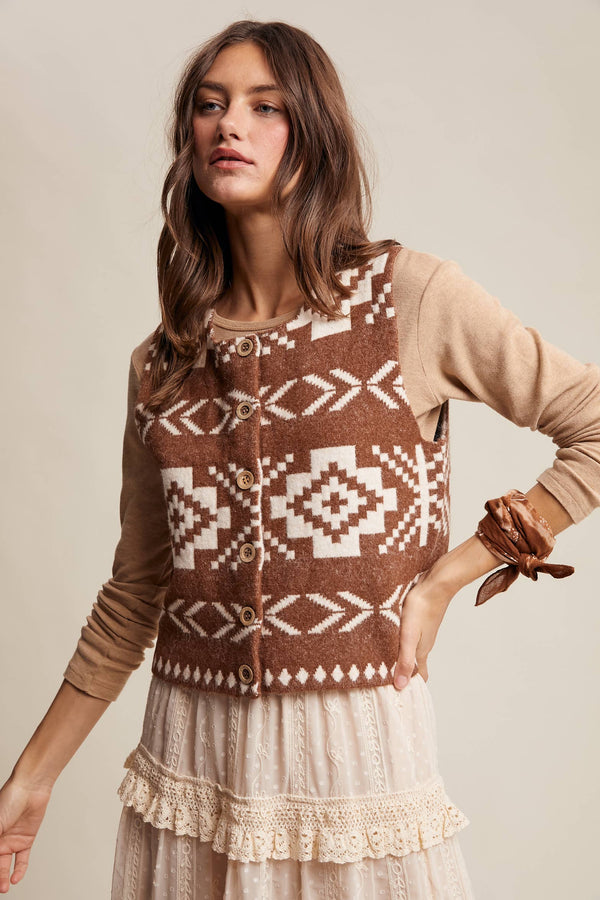 Brown Southwestern Button-Up Wool Vest