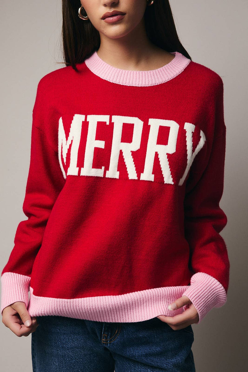 CREW NECK LONG SLEEVE "MERRY" SWEATER RED