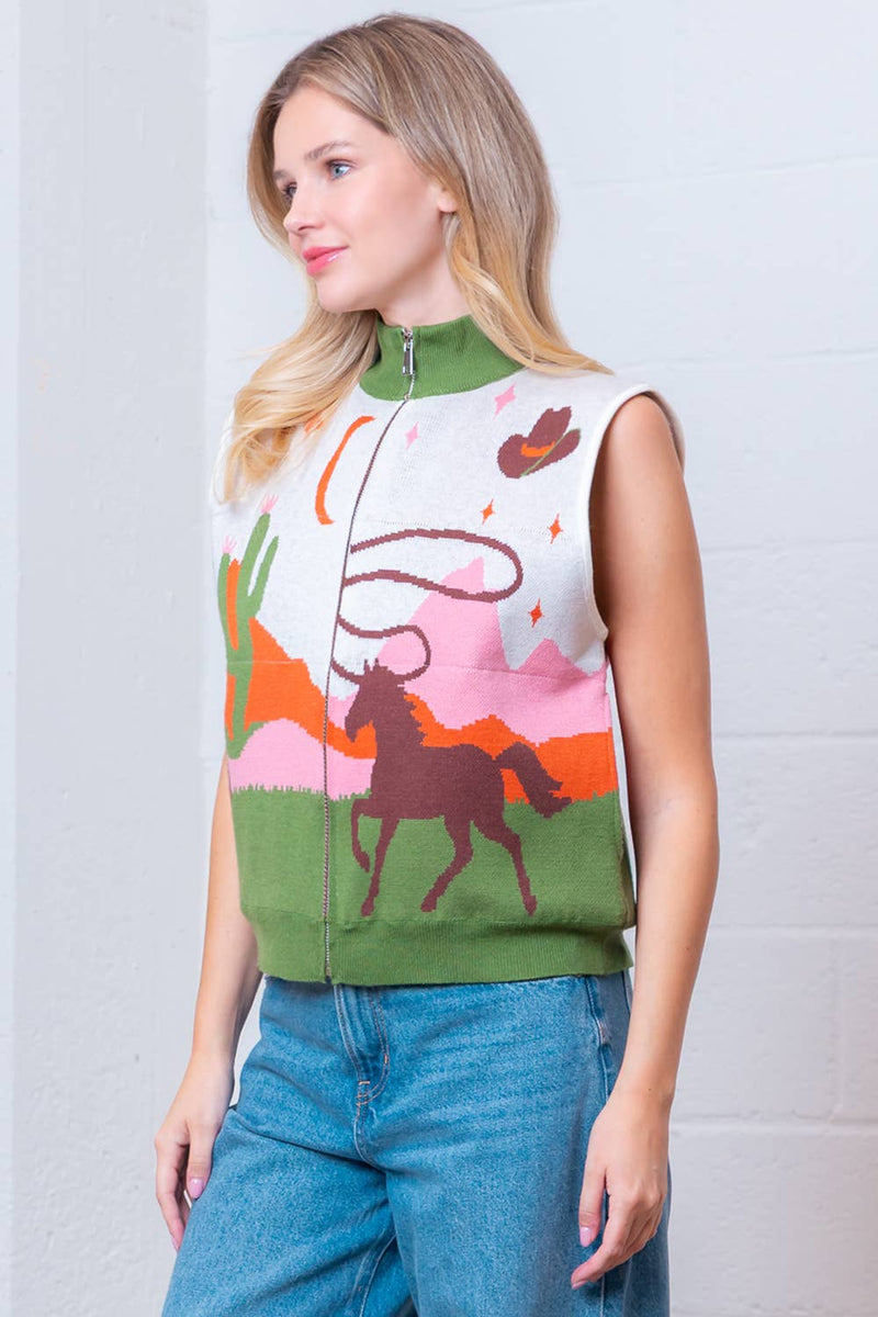 SLVLESS HIGH-NECK WESTERN MOTIVE SWEATER VEST: