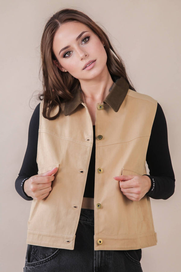 Washed Cotton Button Down Casual Vest: TAUPE
