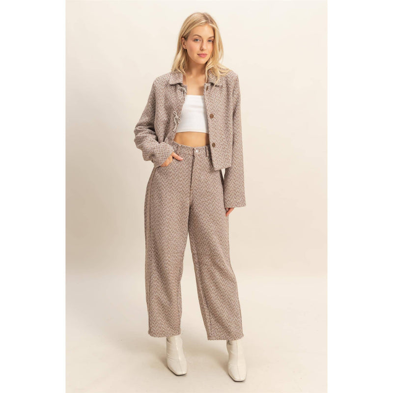 Herringbone Patterned Barrel Pants: BROWN