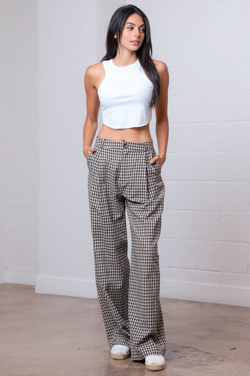 PLEATED STRAIGHT GINGHAM PANTS: