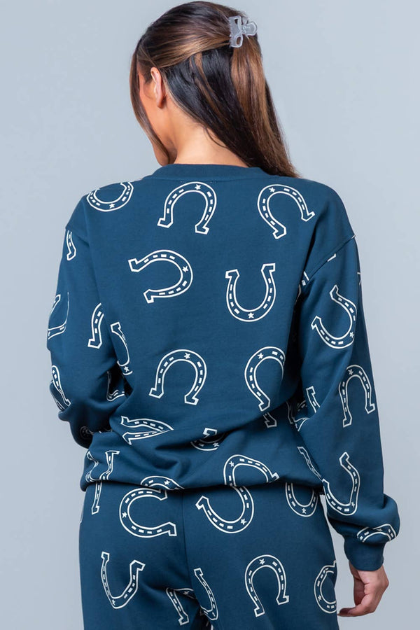 ROUND NECK HORSESHOE PRINTED SWEAT SHIRT: Navy