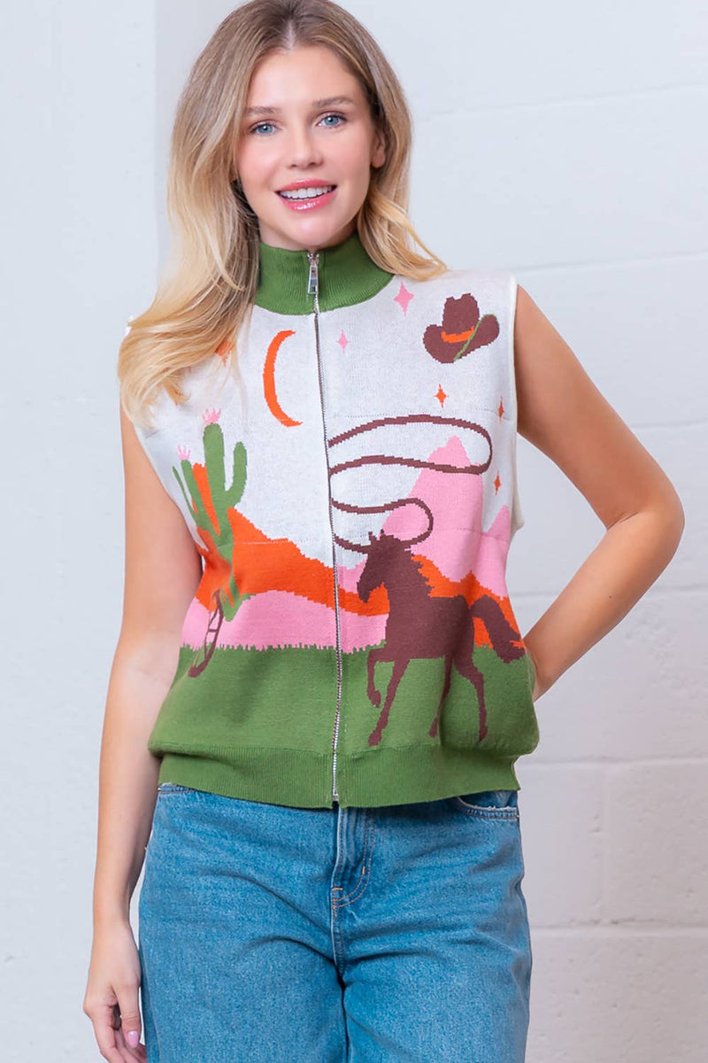 SLVLESS HIGH-NECK WESTERN MOTIVE SWEATER VEST: