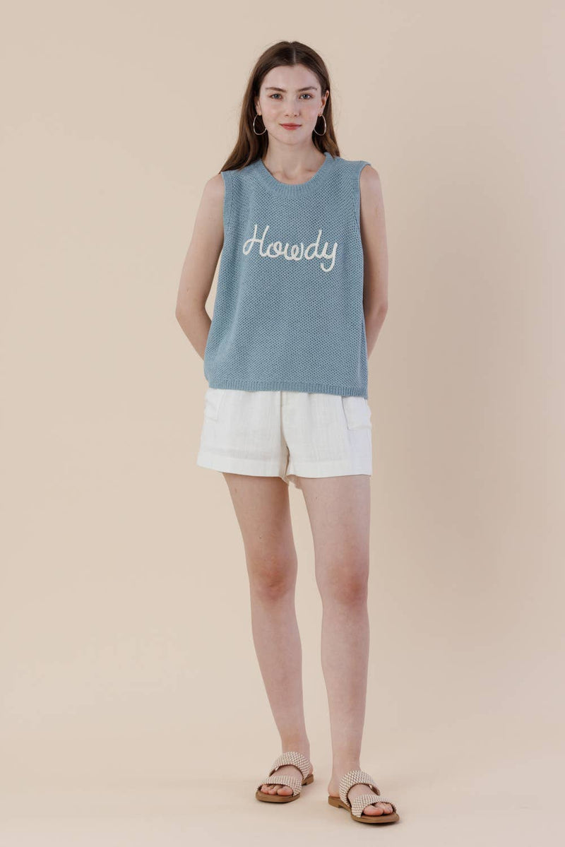 Howdy Embroidery Sweater Tank – Western Sleeveless Vest: LT. BLUE