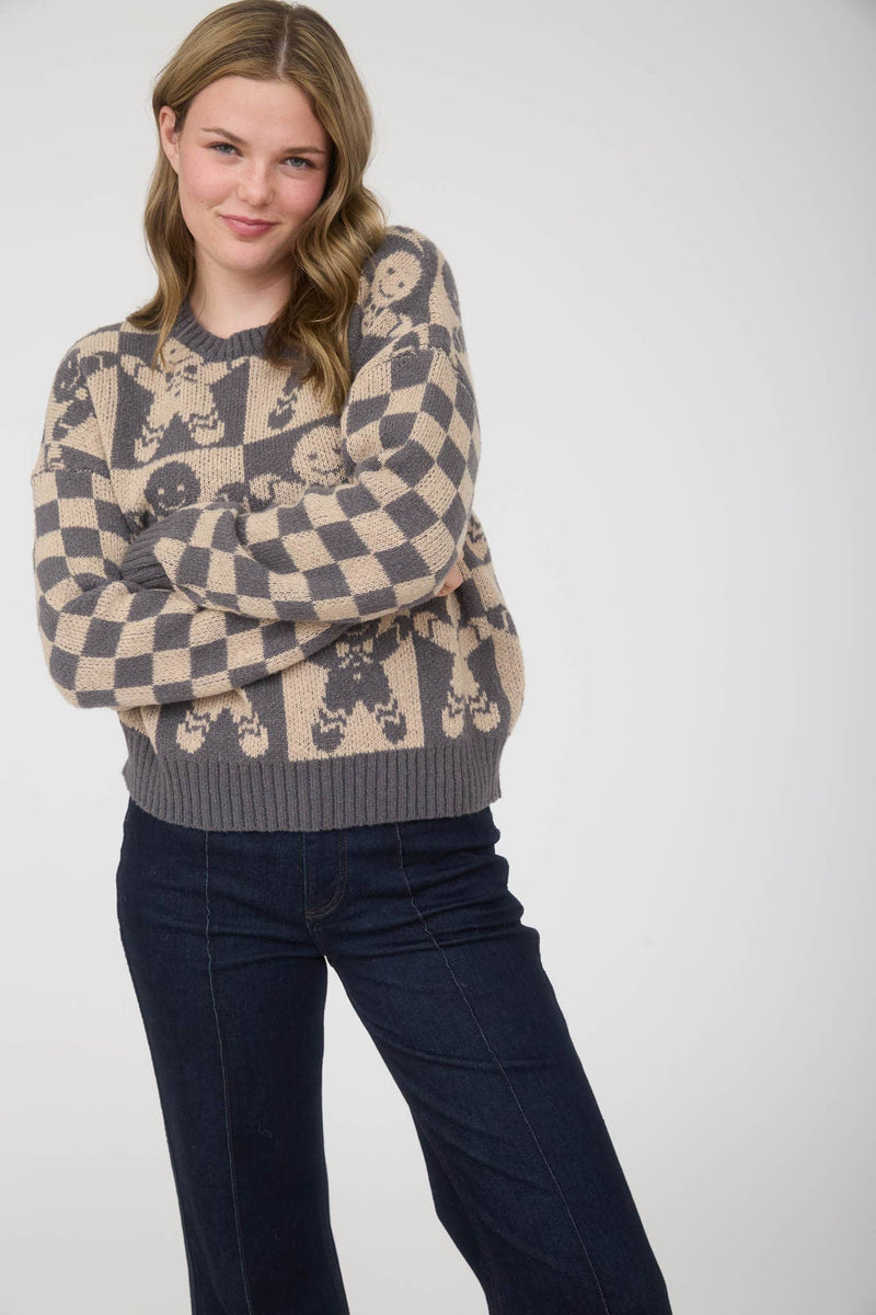CHECKERED GINGERBREAD JACQUARD KNIT SWEATER: KHAKI MULTI