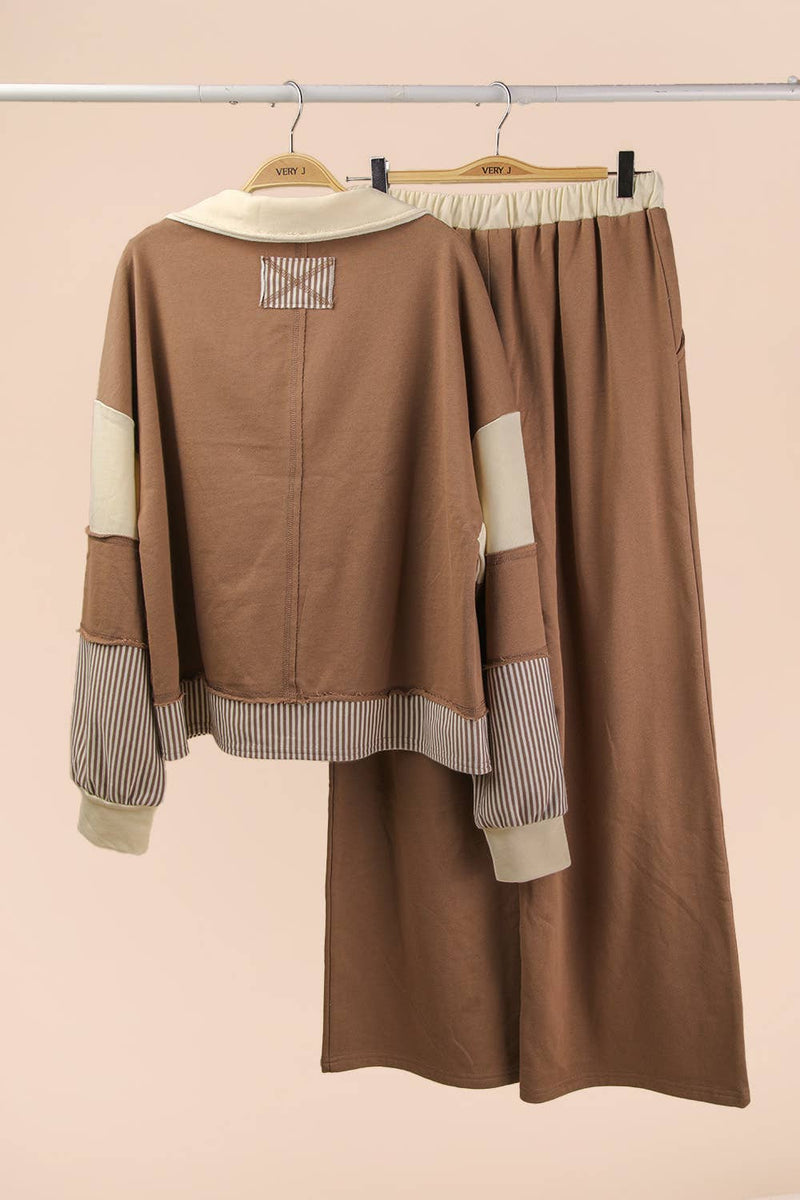 Color Block Casual Knit Top & Pants Set: MOCHA