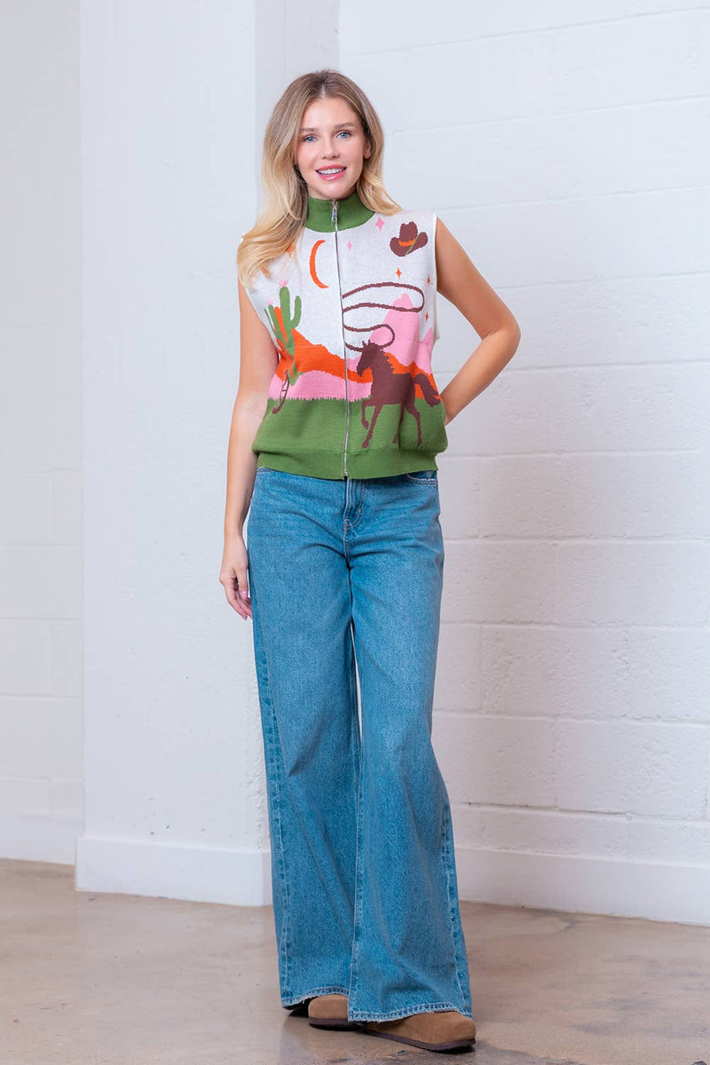 SLVLESS HIGH-NECK WESTERN MOTIVE SWEATER VEST: