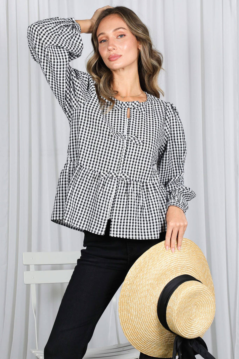 Feminine Bow Accent Charming Plaid Blouse VT83034B: Red / S