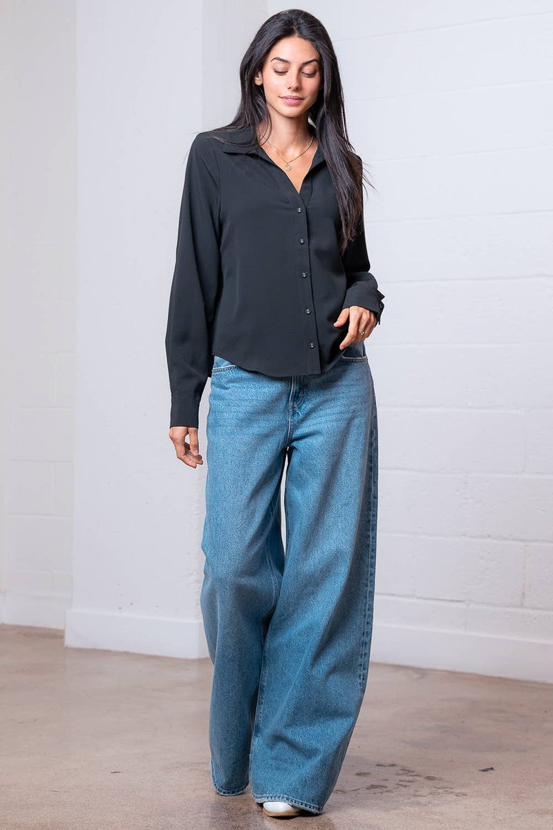 LONG SLEEVE BUTTON DOWN V-NECK SOLID SHIRT