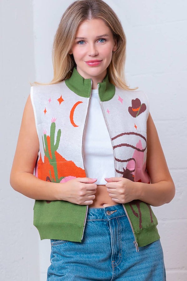 SLVLESS HIGH-NECK WESTERN MOTIVE SWEATER VEST: