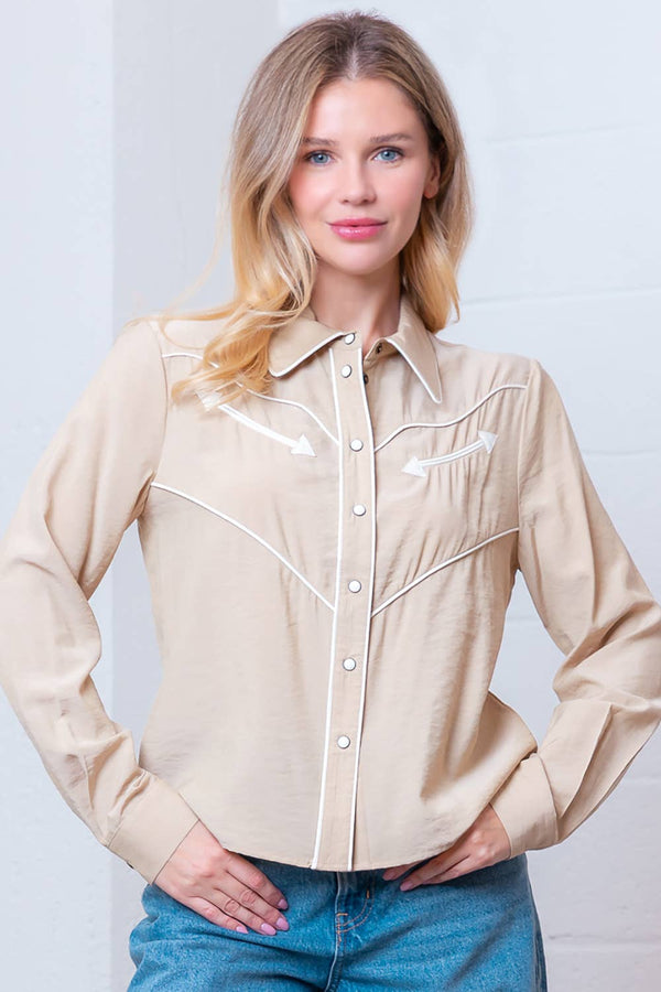 LONG SLEEVE COLLARED BUTTON DOWN TOP: TAUPE