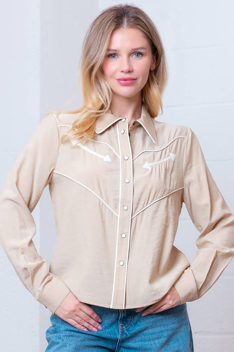 LONG SLEEVE COLLARED BUTTON DOWN TOP: TAUPE