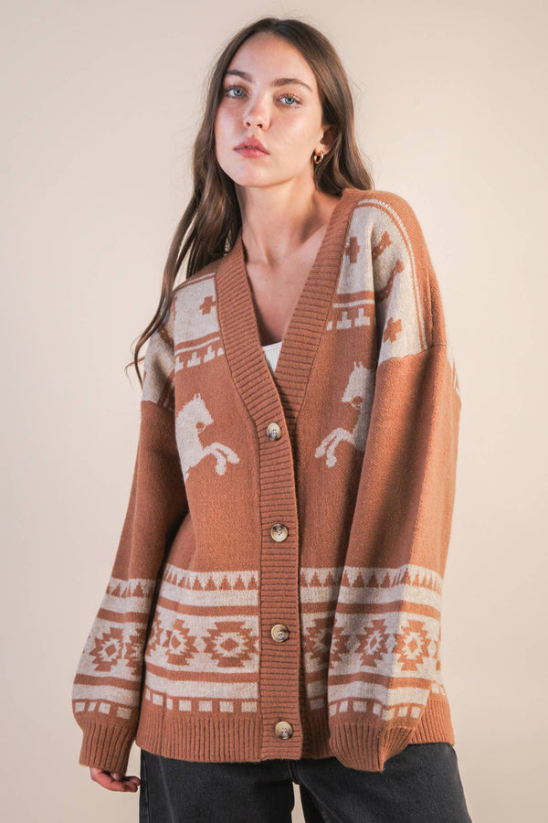 Oversized Western graphic Knit Sweater Cadigan: CAMEL