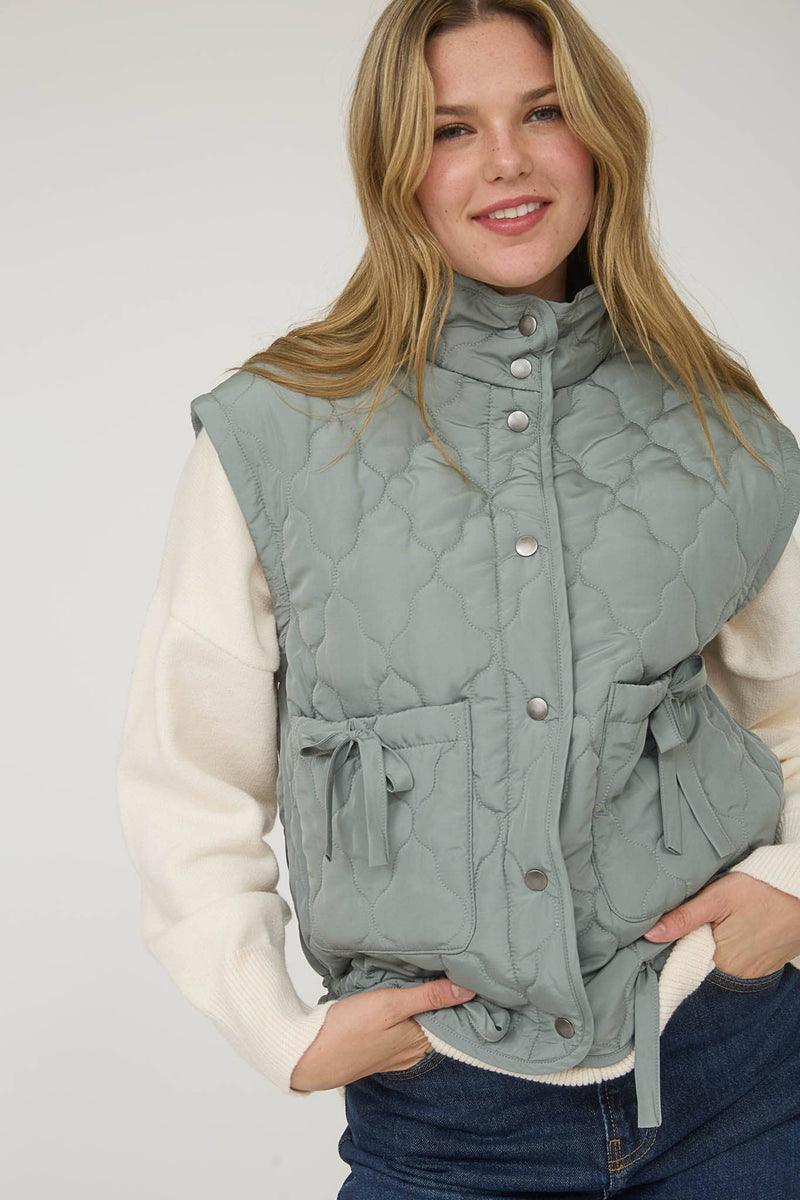TIE DETAIL SNAP BUTTON DOWN QUILTED PUFFER VEST: DUSTY SAGE