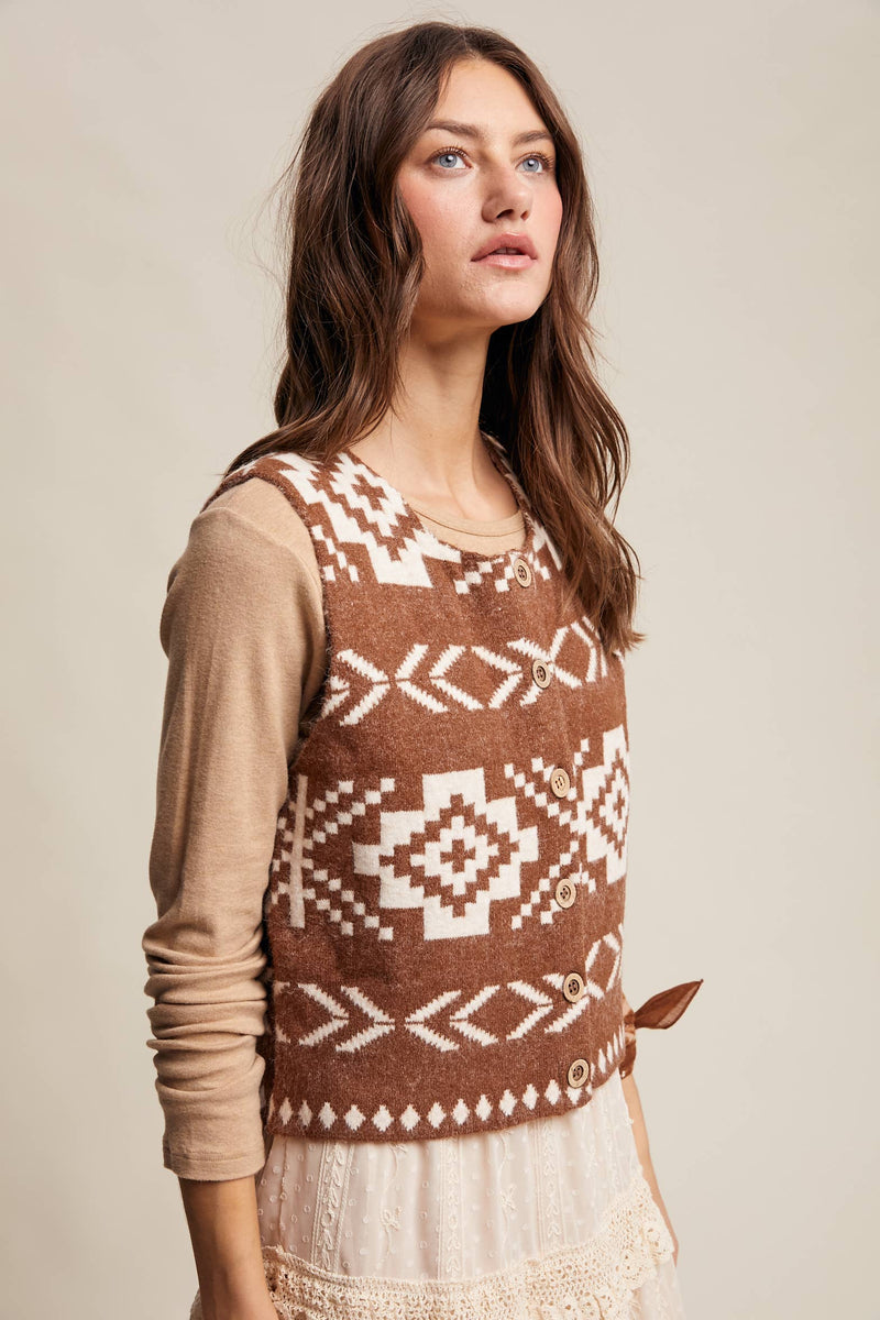 Brown Southwestern Button-Up Wool Vest