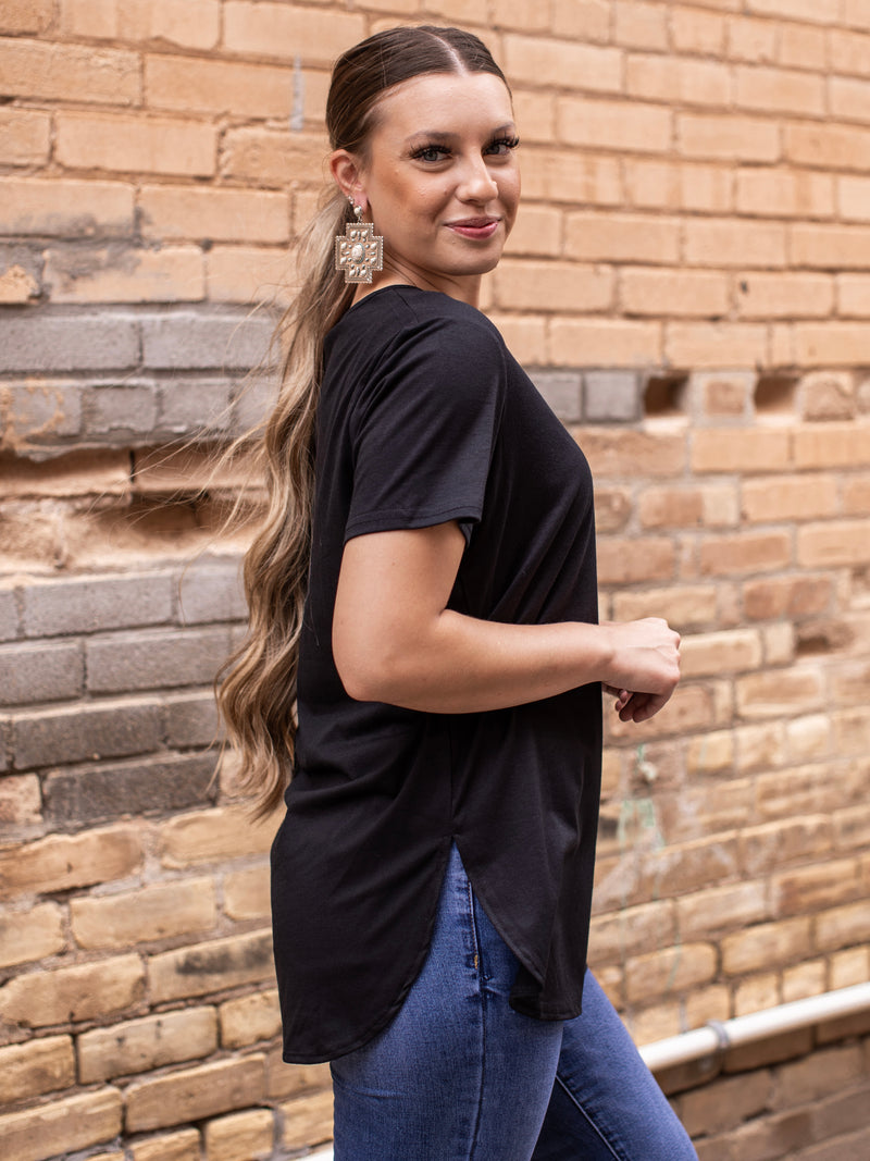 Basic Black V- Neck Top with Side Slits