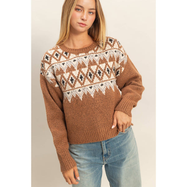 Fair Isle Pullover Sweater: BROWN