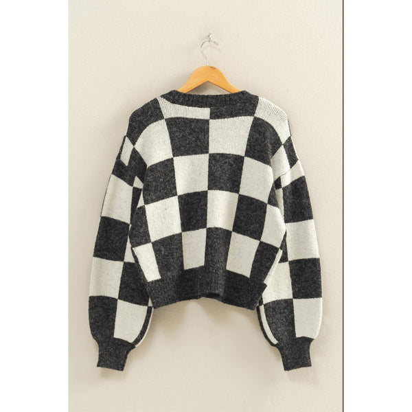 Checkered Button Front Cardigan Sweater