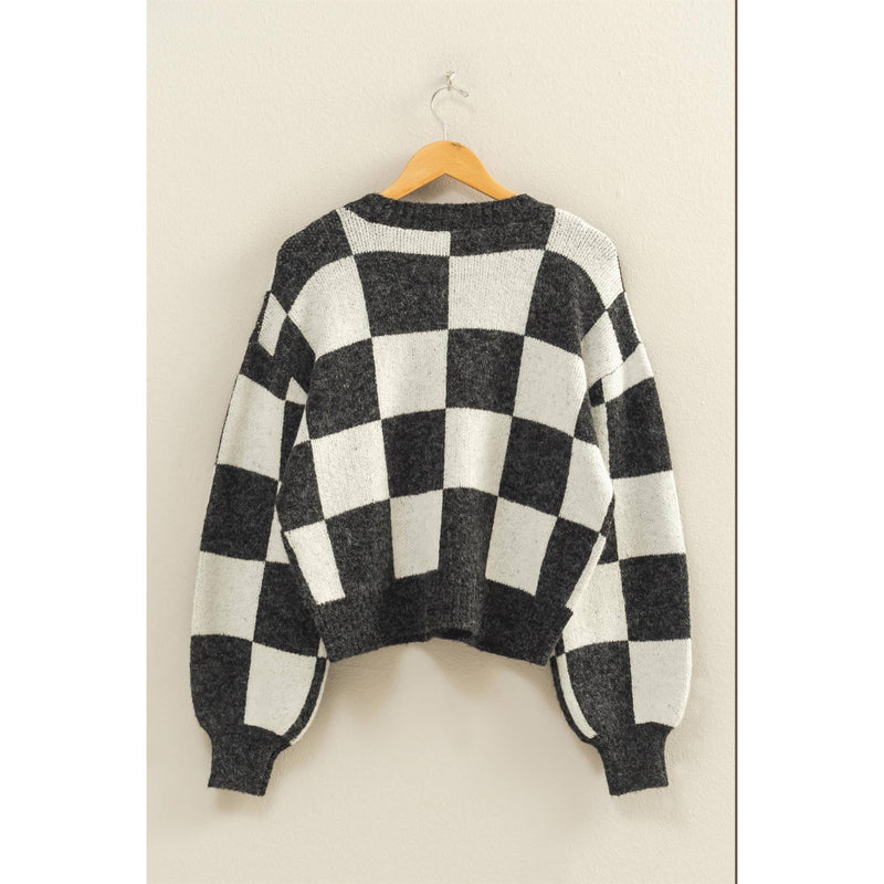 Checkered Button Front Cardigan Sweater