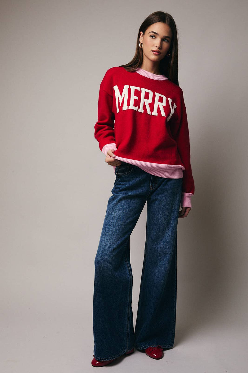 CREW NECK LONG SLEEVE "MERRY" SWEATER RED