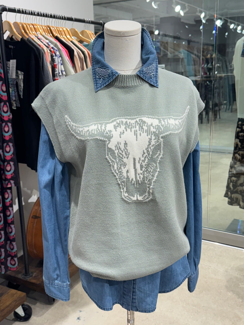 Sage skull western sweater vest top