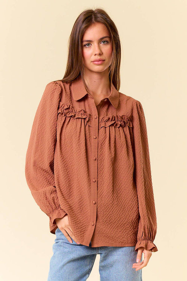 Textured Woven Long Sleeve Button Down Blouse