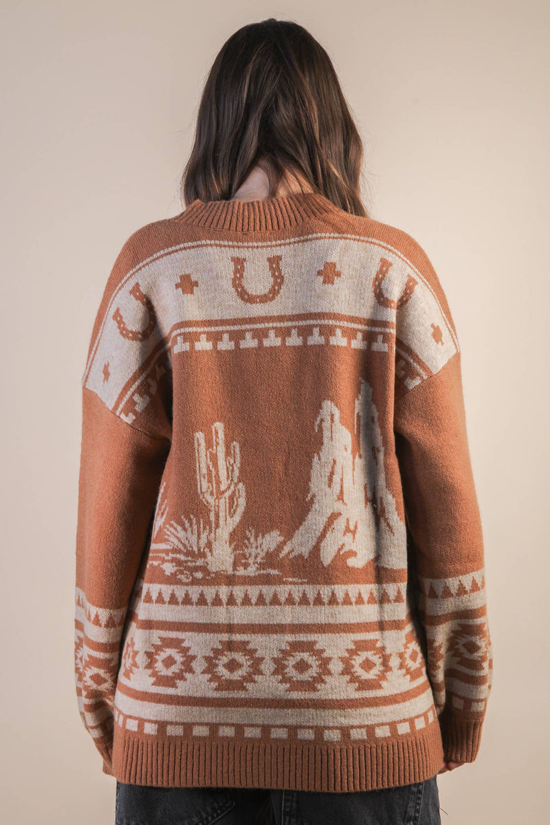 Oversized Western graphic Knit Sweater Cadigan: CAMEL
