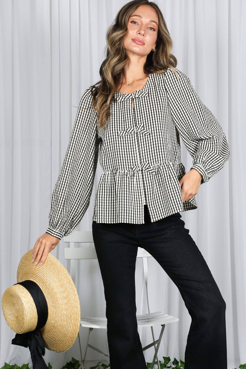 Feminine Bow Accent Charming Plaid Blouse VT83034B: Red / S