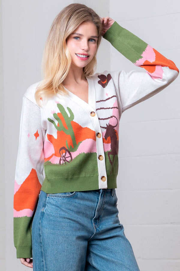 V-NECK BUTTON DOWN WESTERN SWEATER CARDIGAN