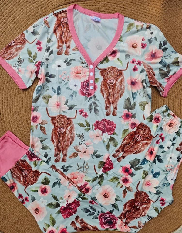 Shirley & Stone floral highland cow pajamas set