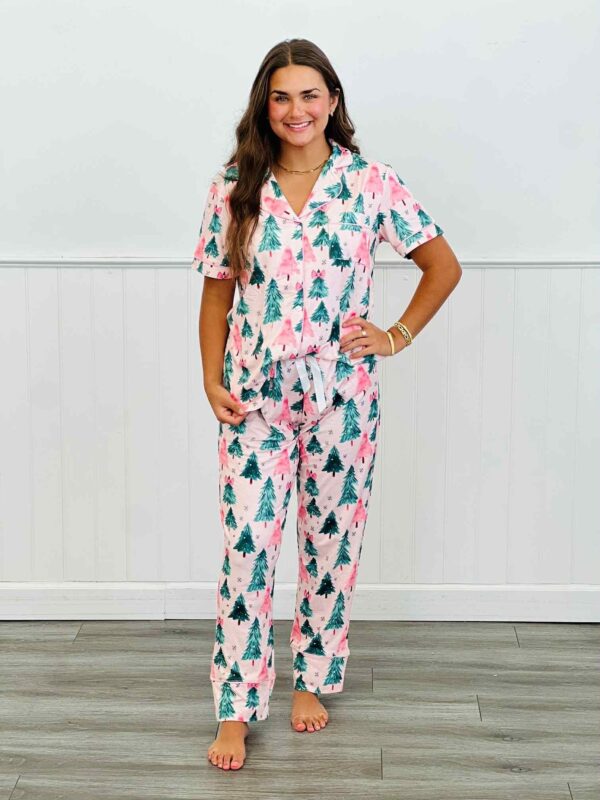 Shirley & Stone Pink Tree Button Down Short sleeve Pajamas