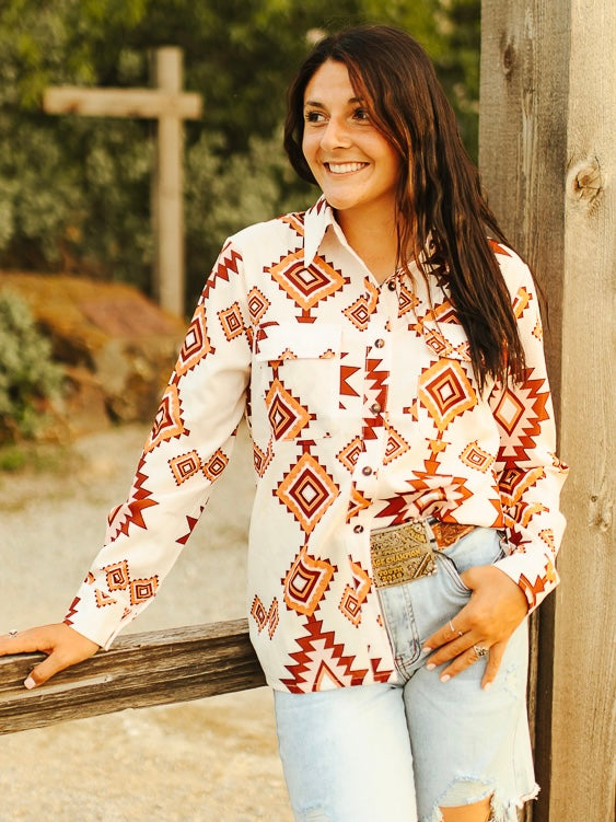 Cream Aztec Button Down Long Sleeve Top